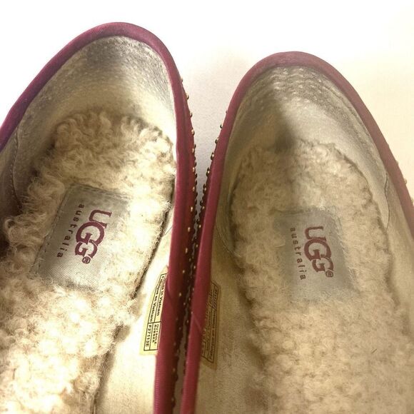 Ugg Ballet Flats Womens Sz 9.5 Red Gold Tone Polka Dot Leather Slip On Sheepskin - Picture 8 of 13